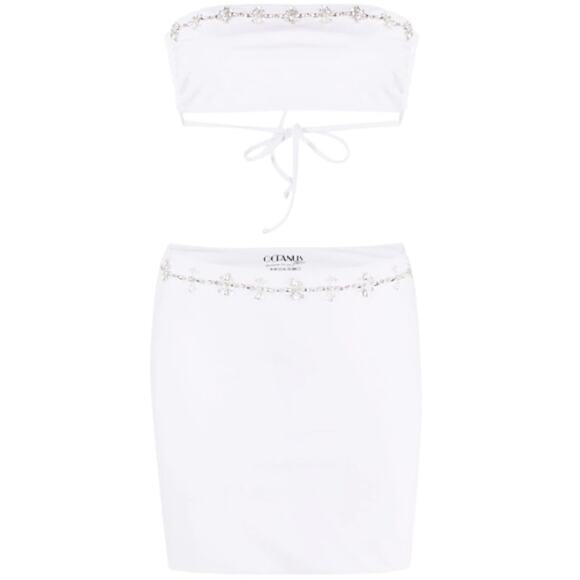 Oceanus | NWT White Aaliyah Crystal Trim Bandeau Top Mini Skirt Set XS - Picture 12 of 13